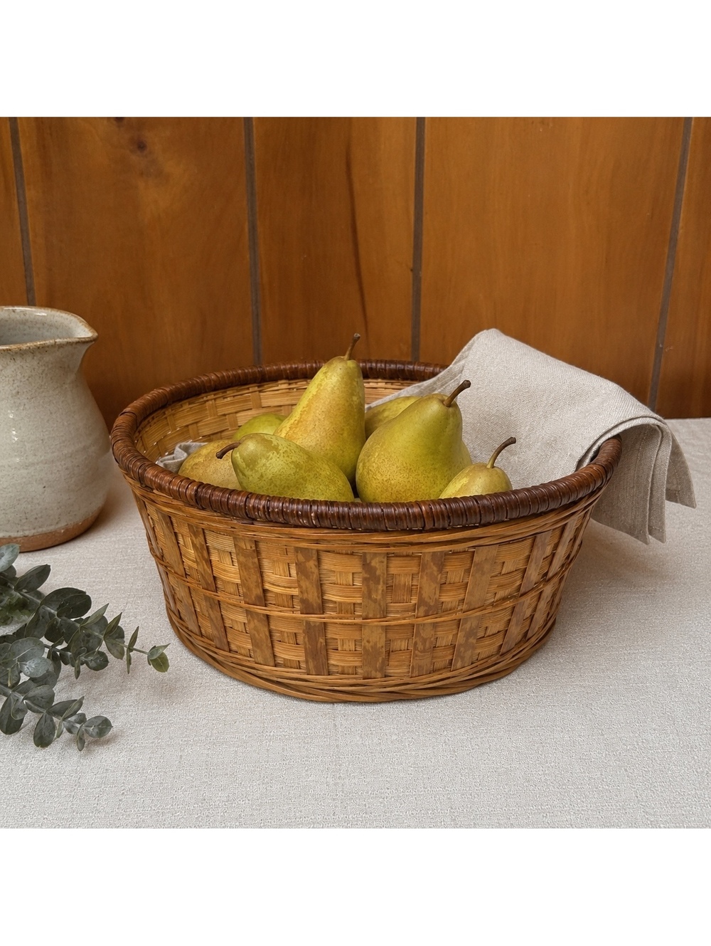 Vintage Round Wicker Basket Bowl Handwoven Rustic Farmhouse Decor